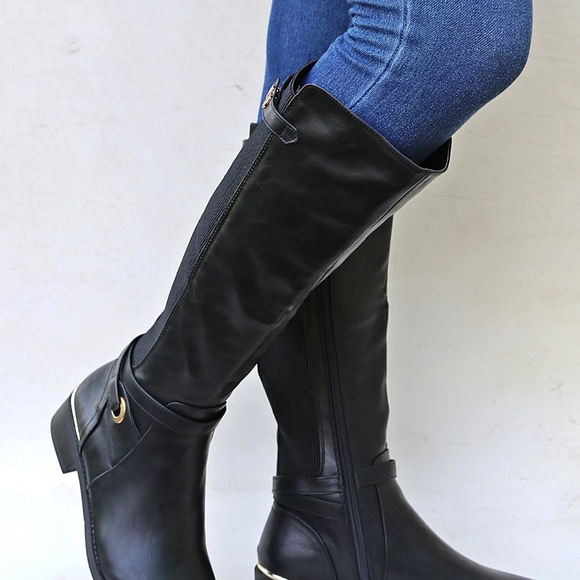 New Black Elastic Panel Knee High Riding Boots - Picture 3 of 4